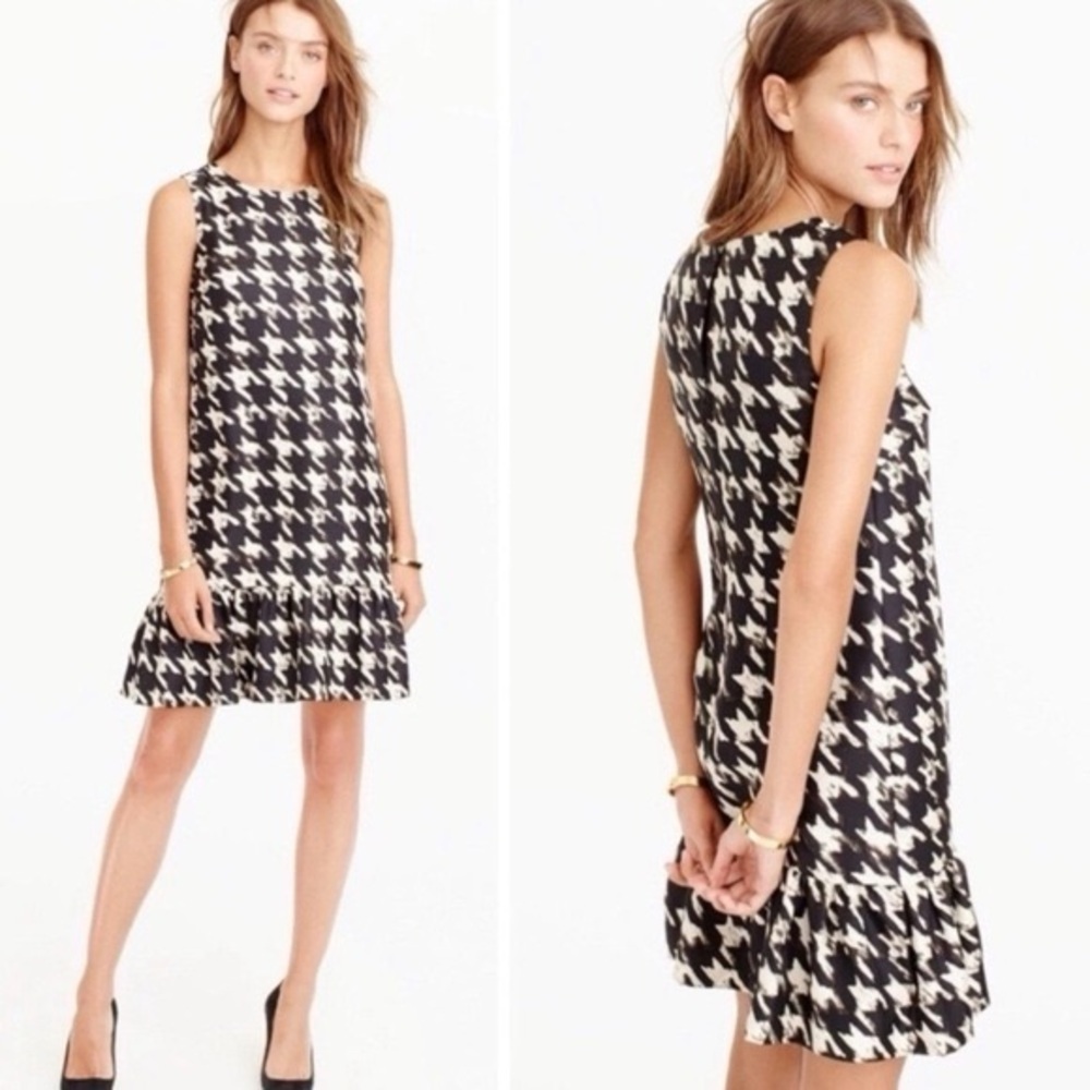 J. Crew 100% Silk Black and White Houndstooth Flounce Hem Dress